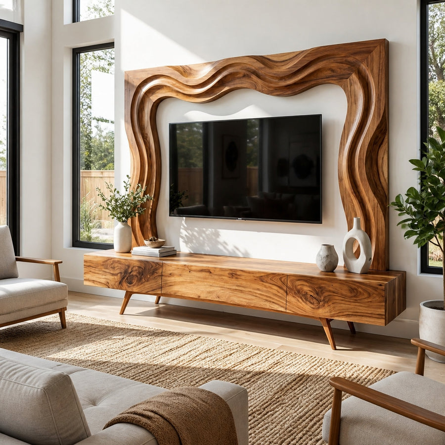 Rustic Wooden TV Console With Carved Frame For Living Decor