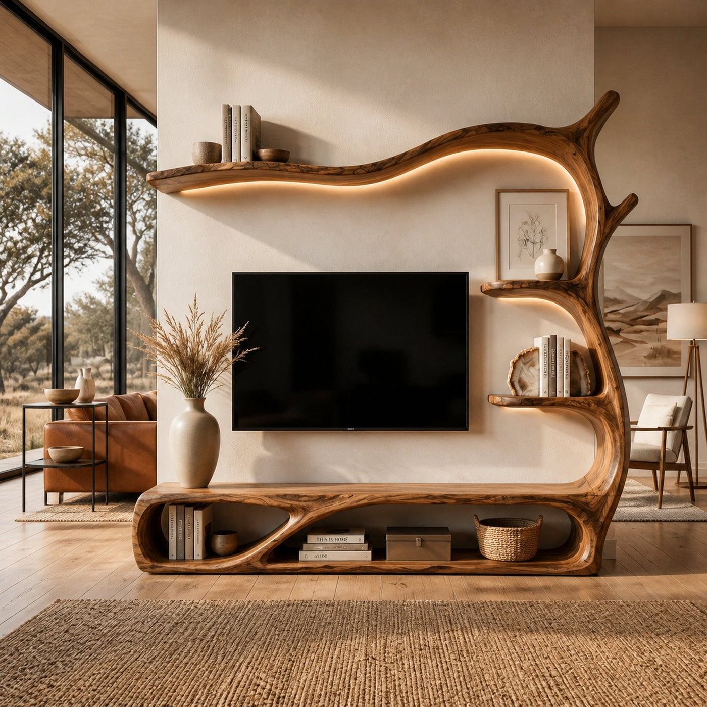 Rustic Wooden TV Stand Sculptural Flow Form For Living Furniture