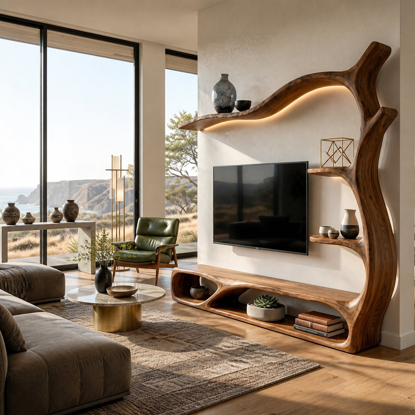 Rustic Wooden TV Stand Sculptural Flow Form For Living Furniture - product view 3