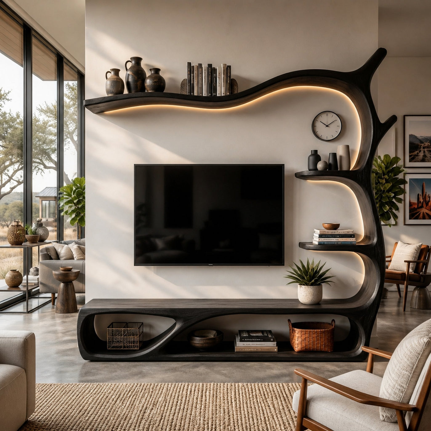 Rustic Wooden TV Stand Sculptural Flow Form For Living Furniture - product view 4