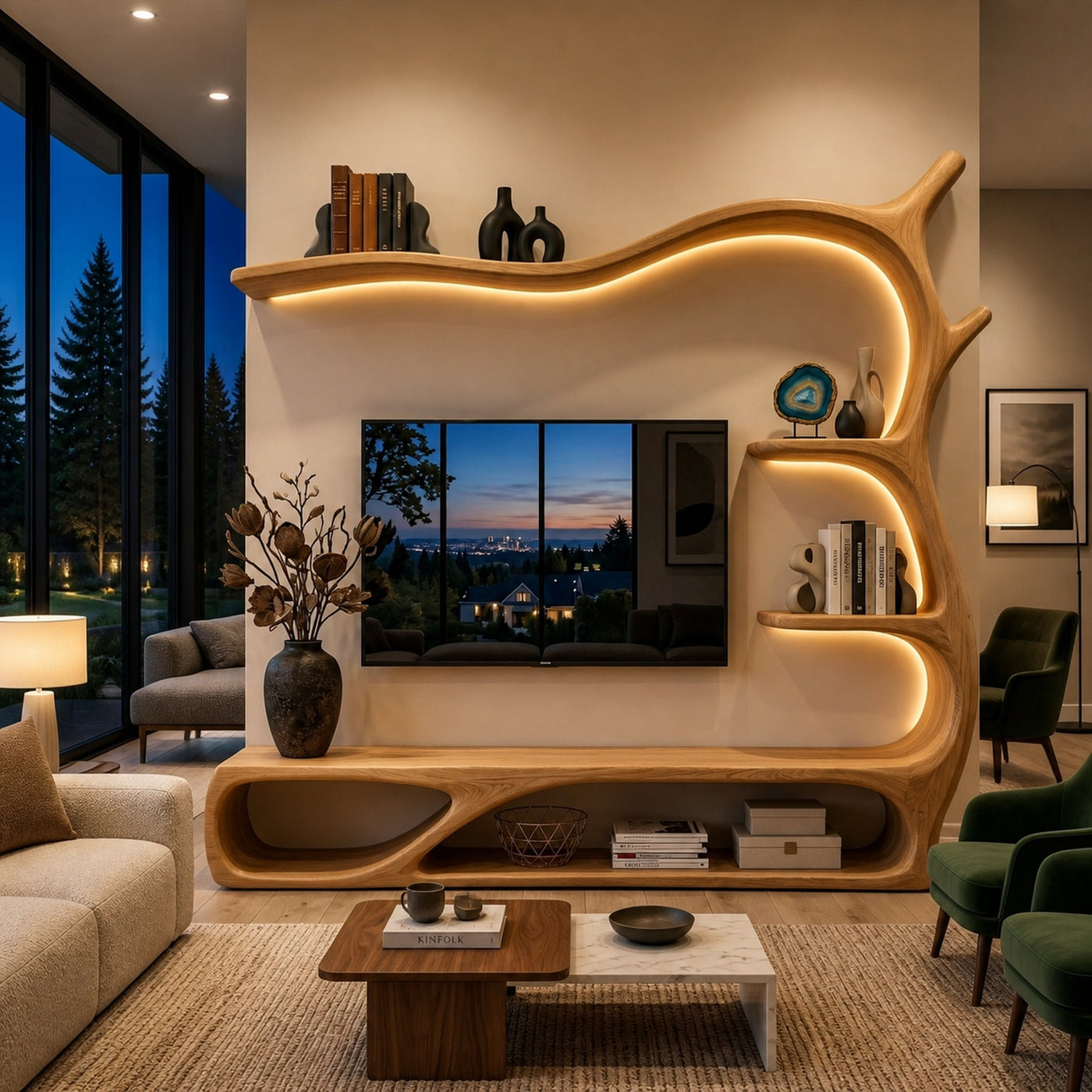 Rustic Wooden TV Stand Sculptural Flow Form For Living Furniture - product view 5