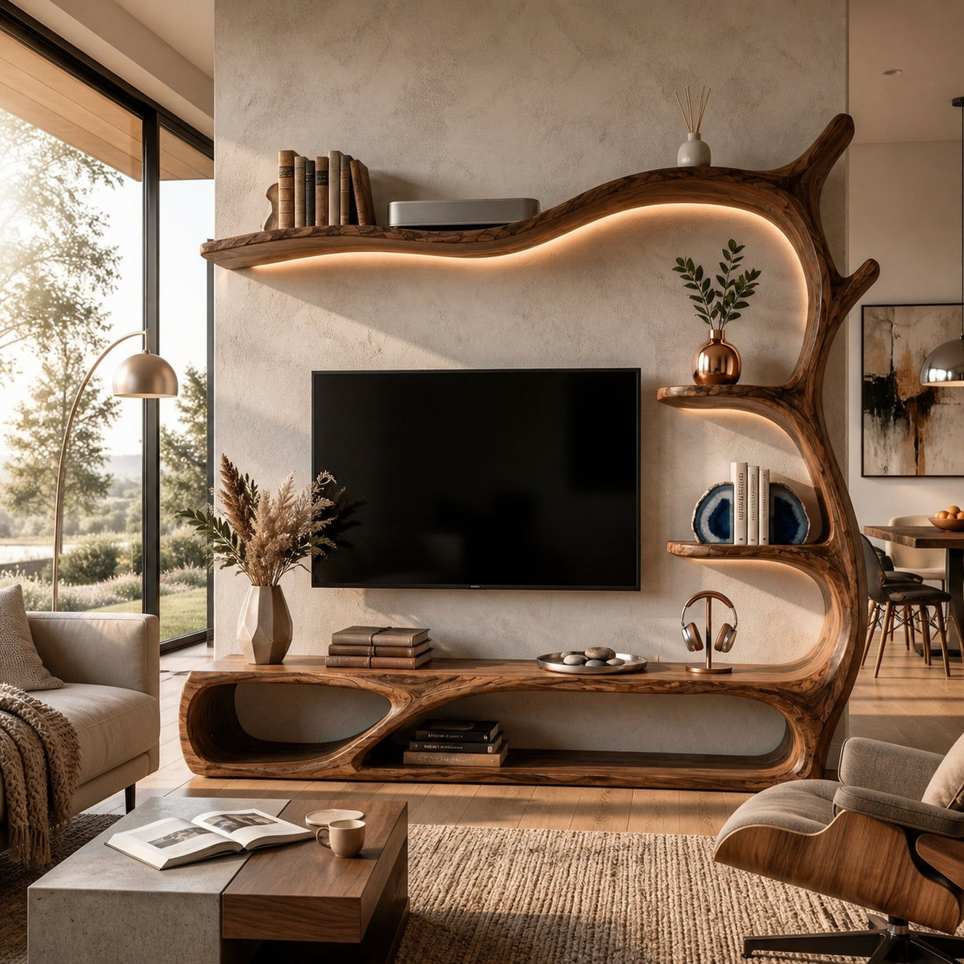 Rustic Wooden TV Stand Sculptural Flow Form For Living Furniture - product view 6