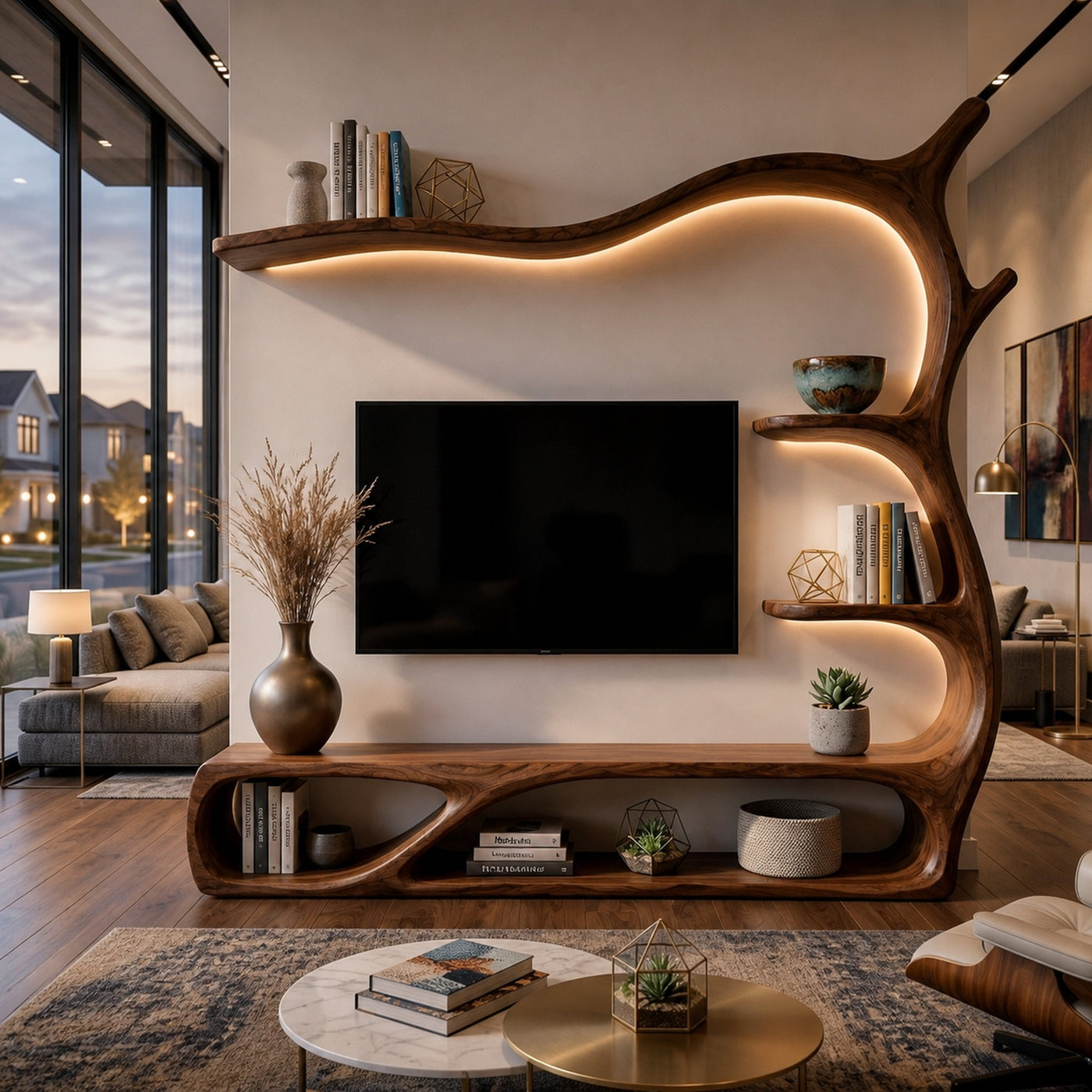 Rustic Wooden TV Stand Sculptural Flow Form For Living Furniture - product view 7