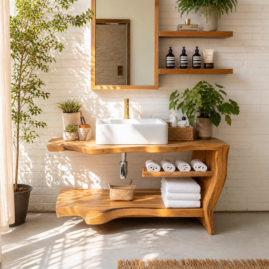 Rustic Wooden Vanity Space For Bathroom Use