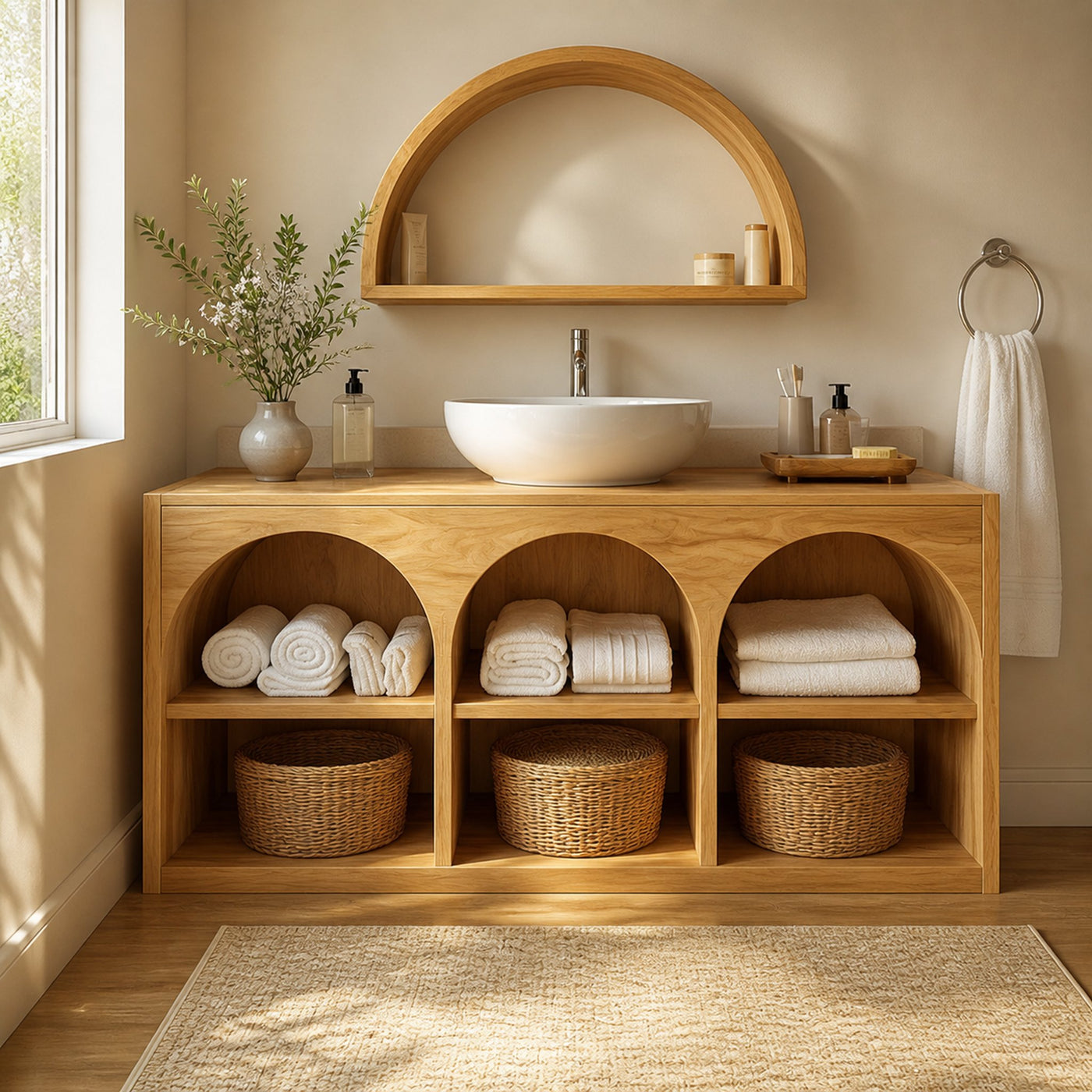 Scandinavian Bathroom Storage Cabinet With Arched Open Shelves And Natural Wood Design For Bathroom