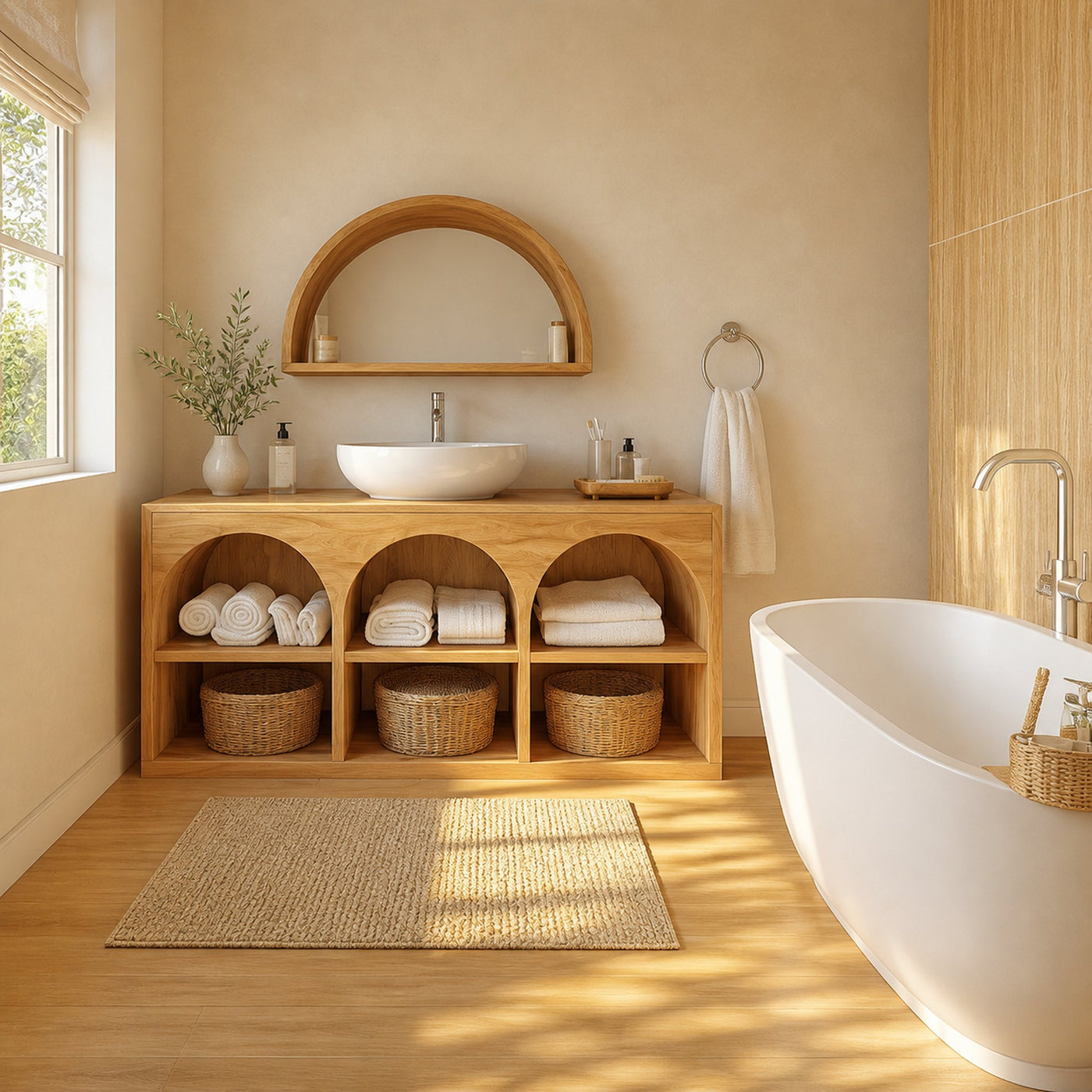 Scandinavian Bathroom Storage Cabinet With Arched Open Shelves And Natural Wood Design For Bathroom - product view 2
