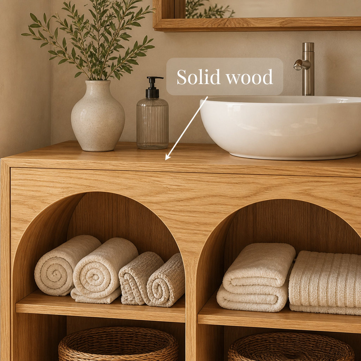 Scandinavian Bathroom Storage Cabinet With Arched Open Shelves And Natural Wood Design For Bathroom - product view 3