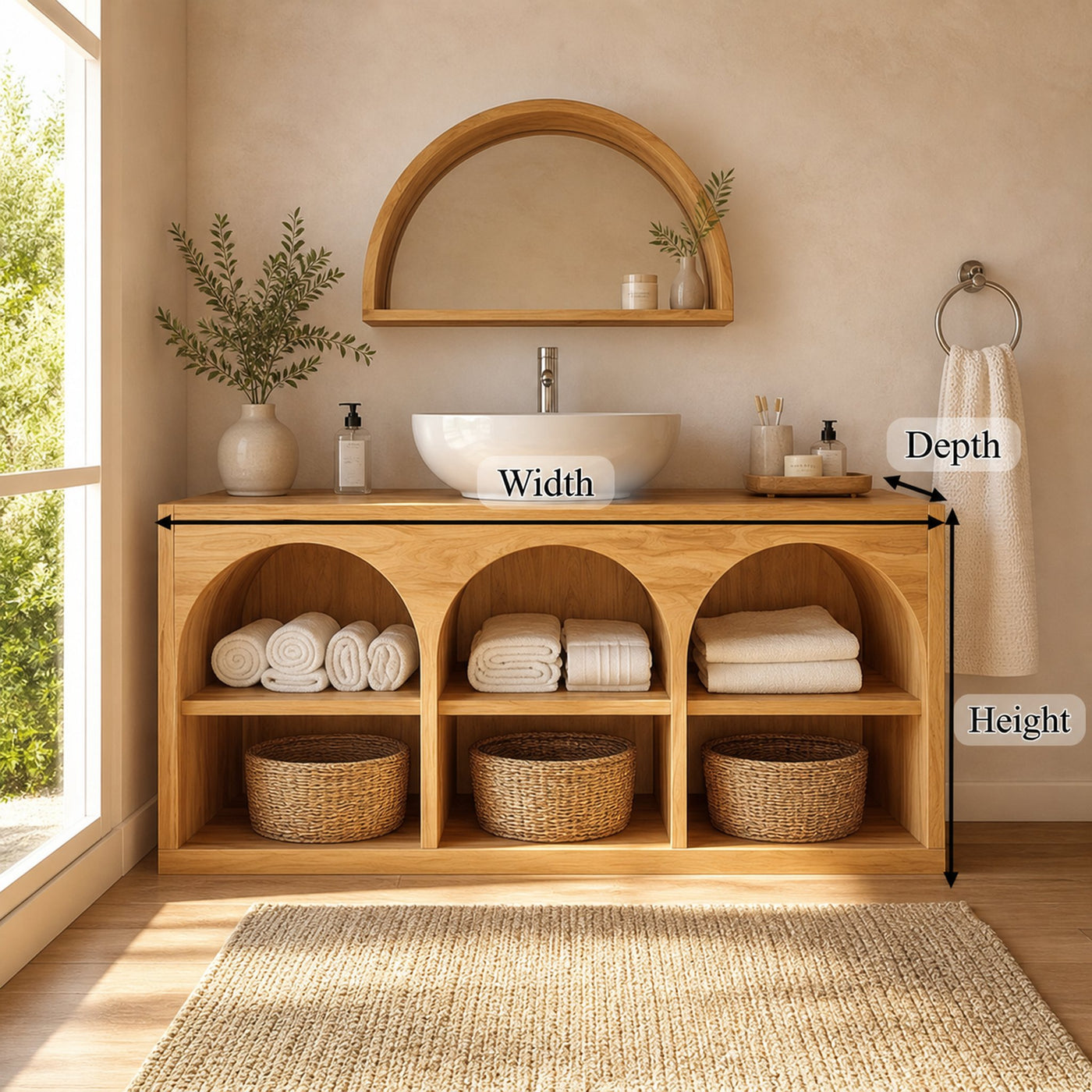 Scandinavian Bathroom Storage Cabinet With Arched Open Shelves And Natural Wood Design For Bathroom - product view 5