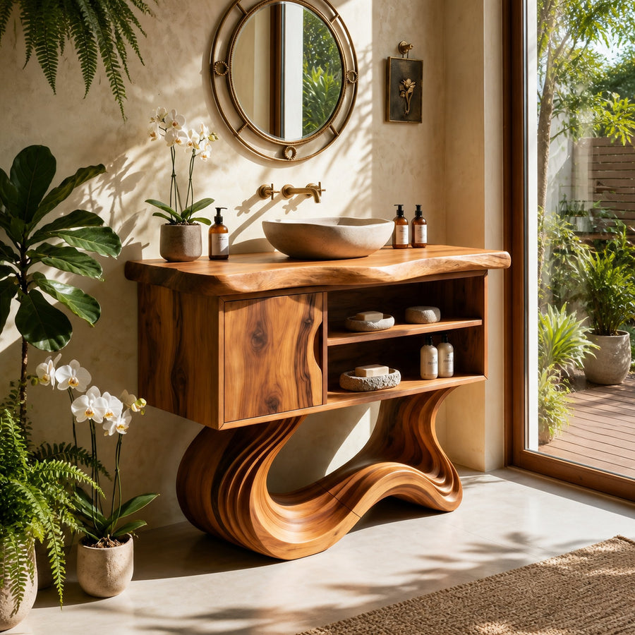 Scandinavian Carved Vanity With Display Shelf For Interior