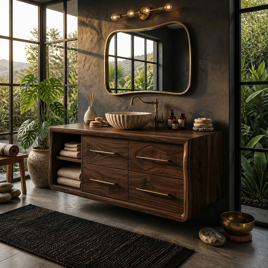 Scandinavian Floating Vanity With Open Shelf For Apartment