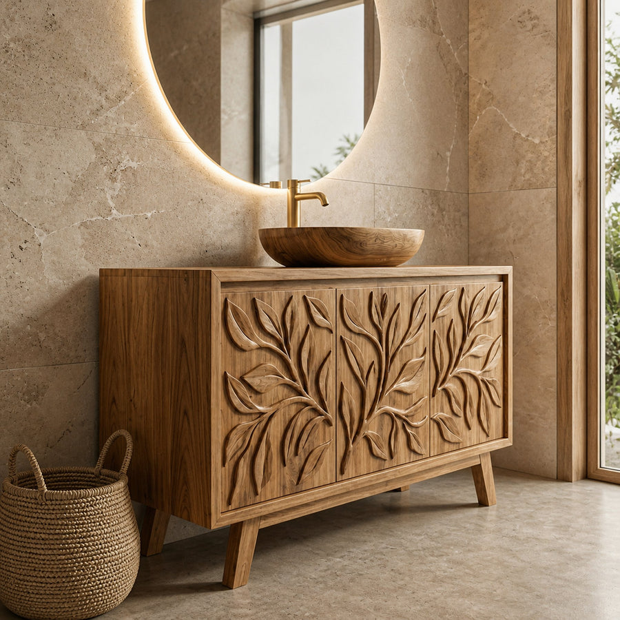 Scandinavian Leaf Carved Solid Wood Bathroom Vanity Minimal Storage Cabinet