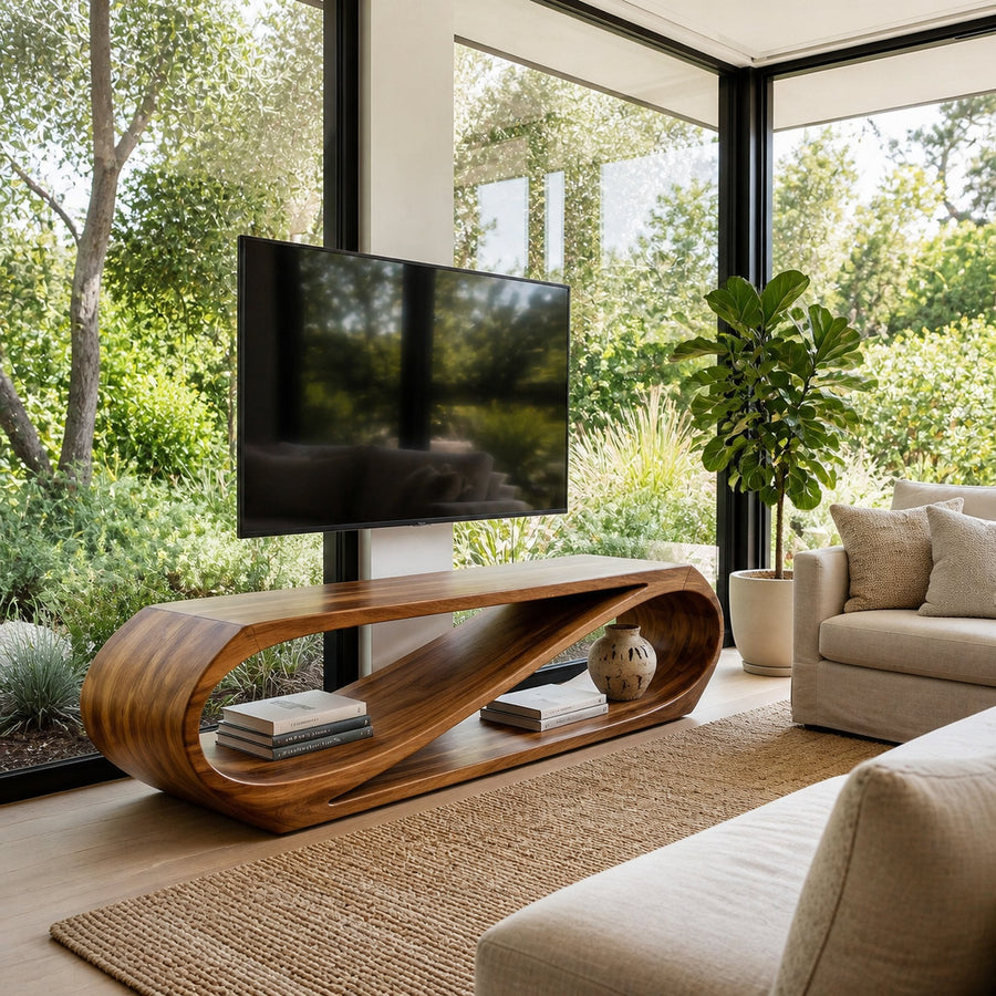 Sculptural Natural Wood TV Console For Modern Living Room