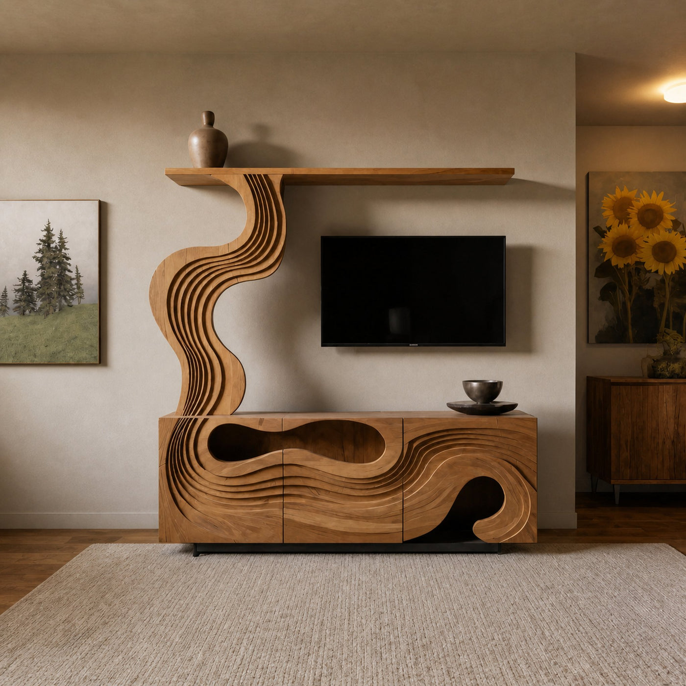 Sculptural TV Console With Wave Layers Entertainment Cabinet For Living Room And Media Wall
