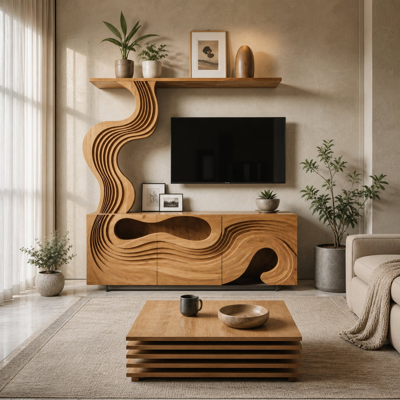 Sculptural TV Console With Wave Layers Entertainment Cabinet For Living Room And Media Wall - product view 3