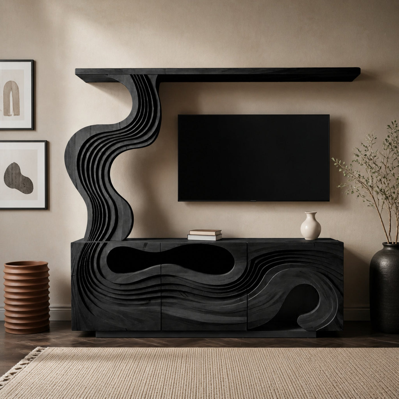 Sculptural TV Console With Wave Layers Entertainment Cabinet For Living Room And Media Wall - product view 4