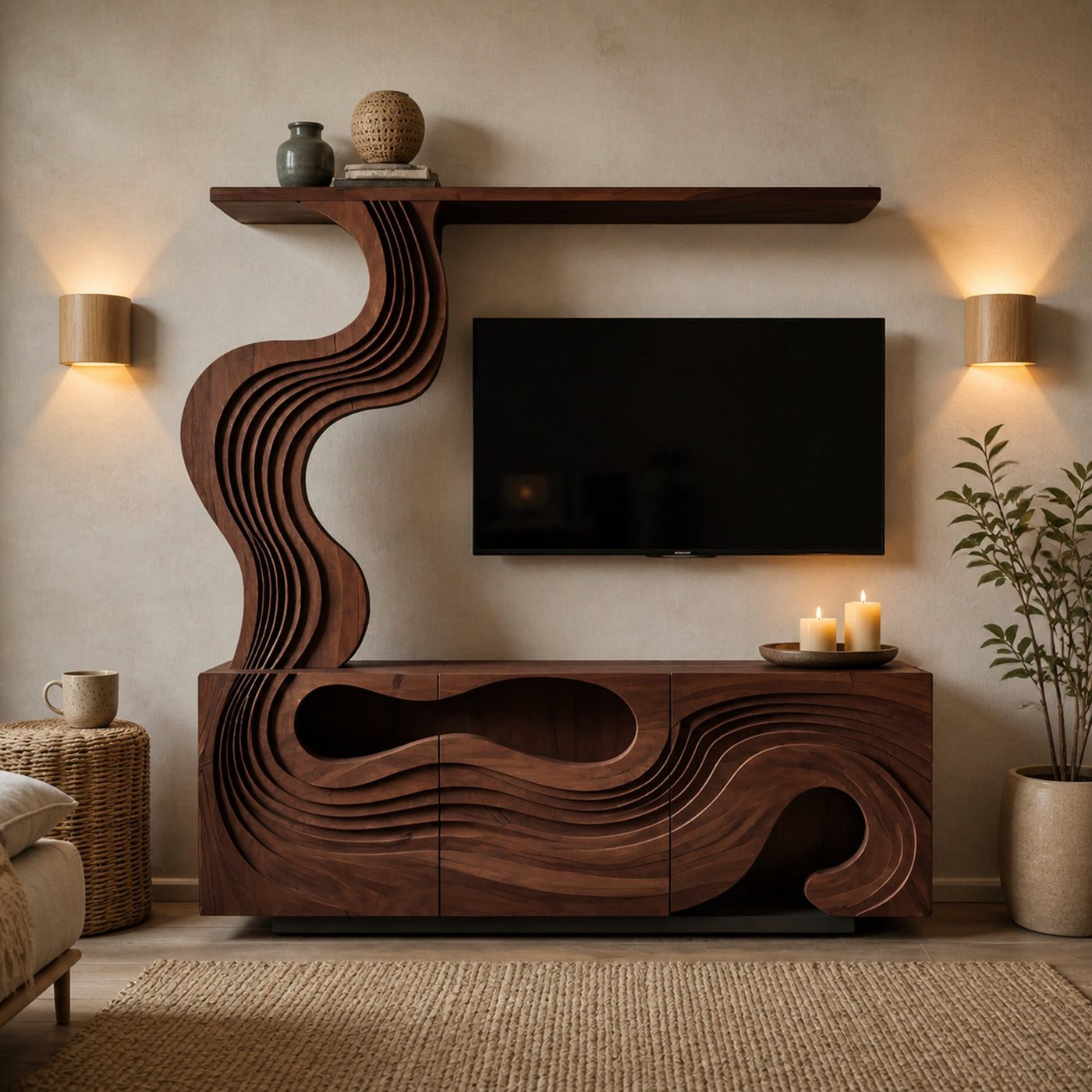 Sculptural TV Console With Wave Layers Entertainment Cabinet For Living Room And Media Wall - product view 7