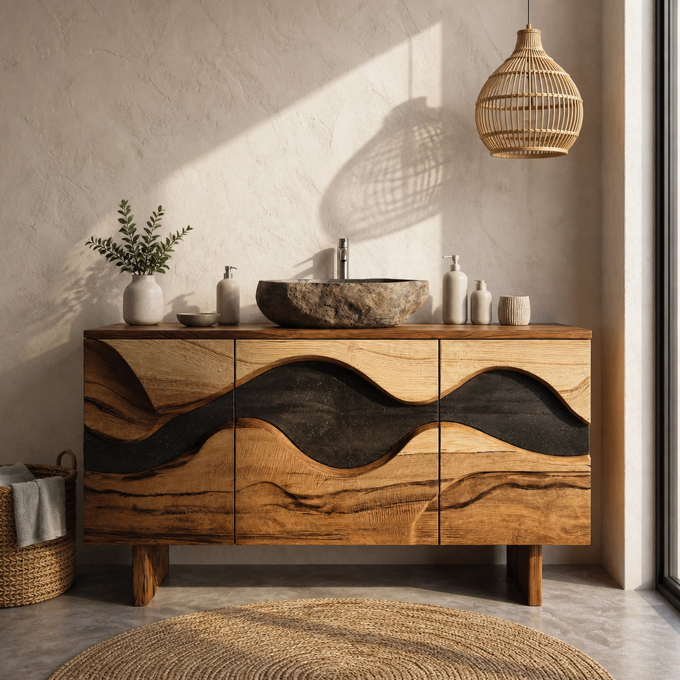 Sculptural Wave Bathroom Vanity Solid Wood Curved Front Cabinet Design Bathroom And Vanity Space