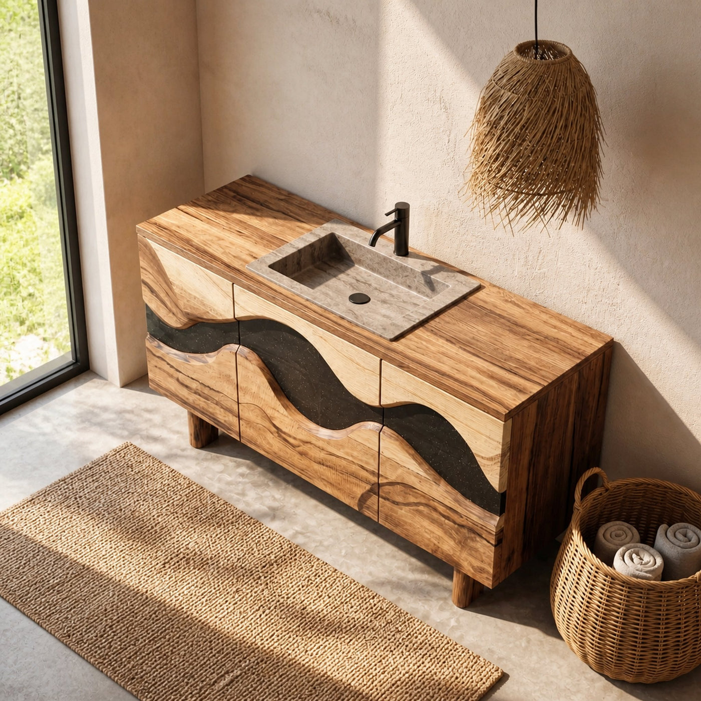 Sculptural Wave Bathroom Vanity Solid Wood Curved Front Cabinet Design Bathroom And Vanity Space - product view 2