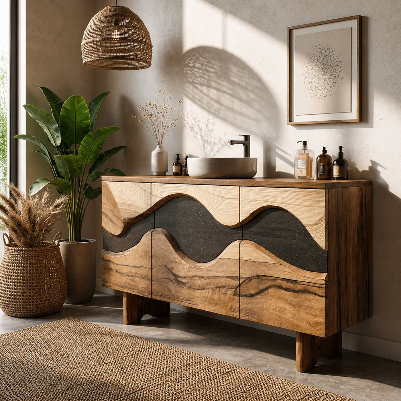 Sculptural Wave Bathroom Vanity Solid Wood Curved Front Cabinet Design Bathroom And Vanity Space - product view 3