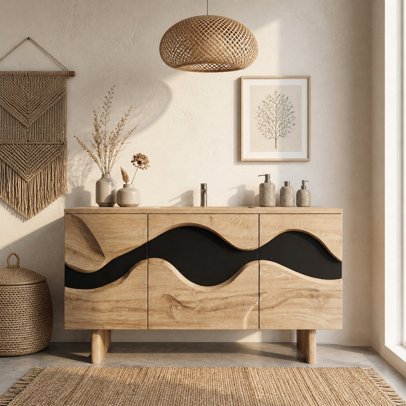Sculptural Wave Bathroom Vanity Solid Wood Curved Front Cabinet Design Bathroom And Vanity Space - product view 5