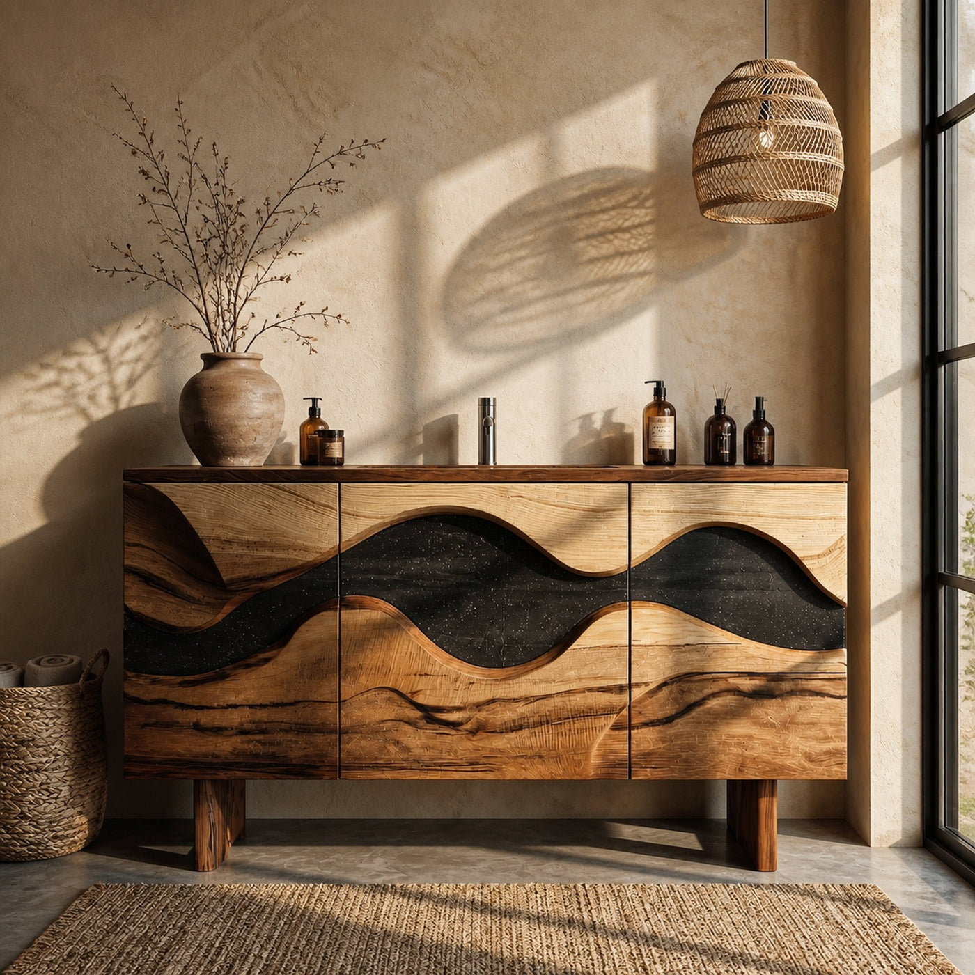 Sculptural Wave Bathroom Vanity Solid Wood Curved Front Cabinet Design Bathroom And Vanity Space - product view 6