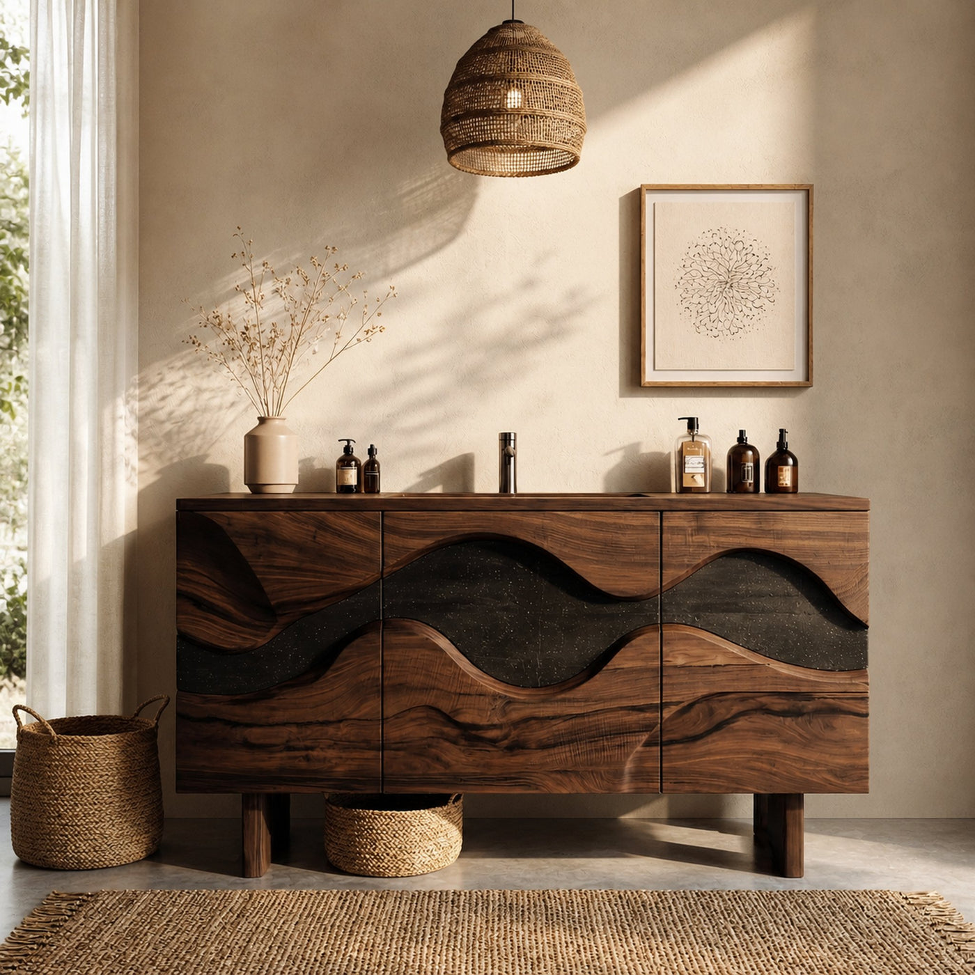 Sculptural Wave Bathroom Vanity Solid Wood Curved Front Cabinet Design Bathroom And Vanity Space - product view 7
