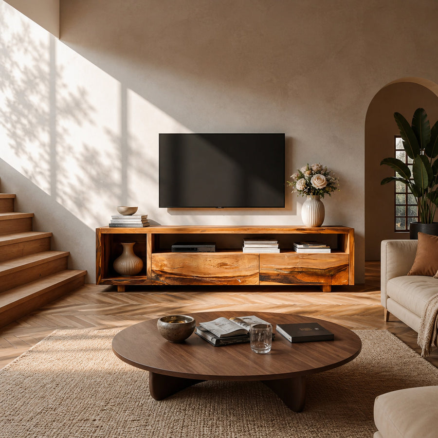 TV Cabinet With Open And Closed Compartments For Living