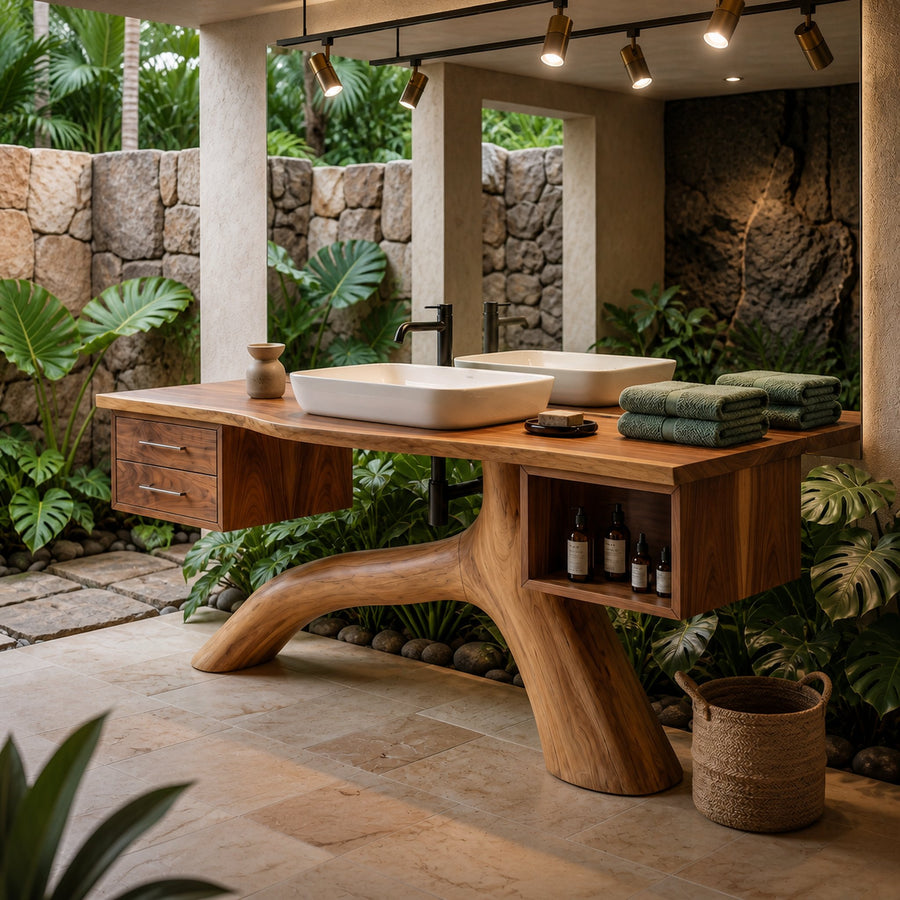 Tropical Double Sink Wood Vanity With Storage Resort Bathroom