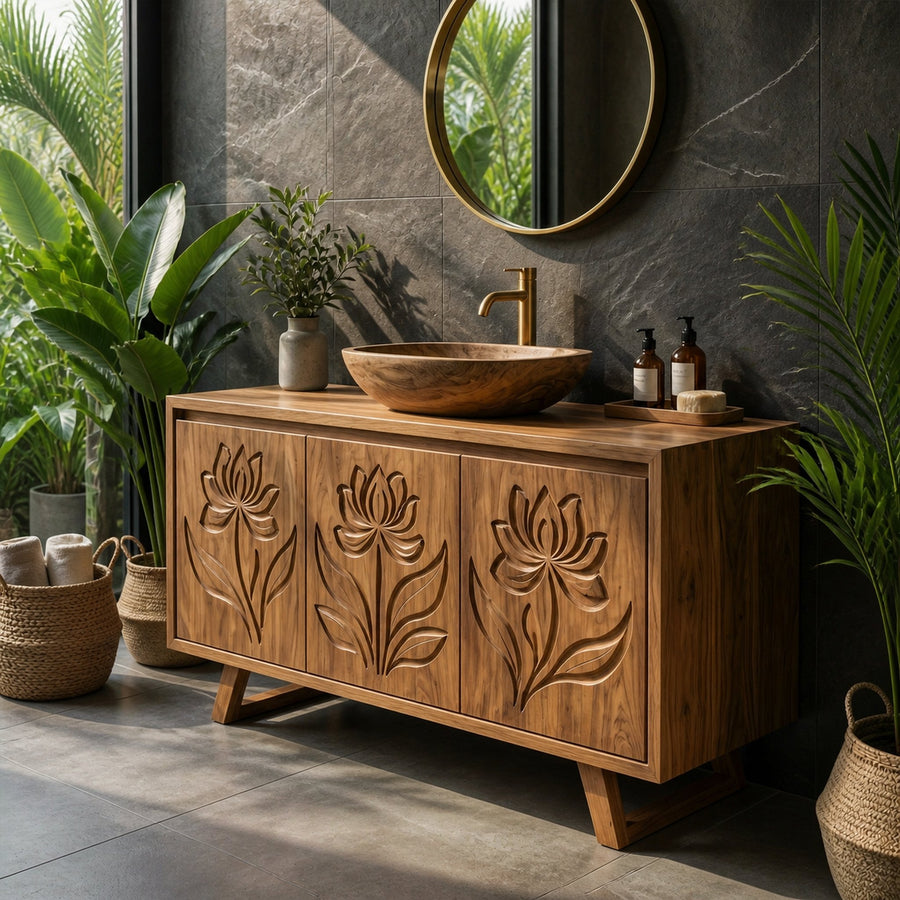 Tropical Floral Carved Solid Wood Bathroom Vanity Freestanding Cabinet