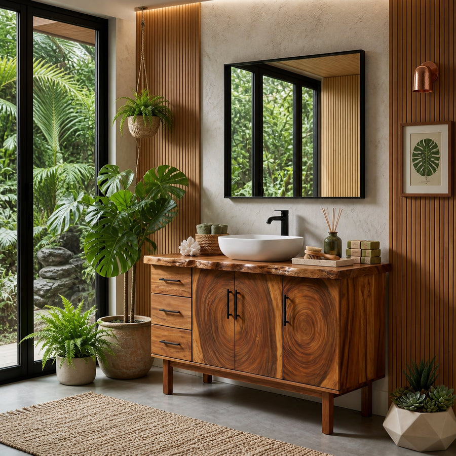 Tropical Natural Wood Vanity For Outdoor Bathroom