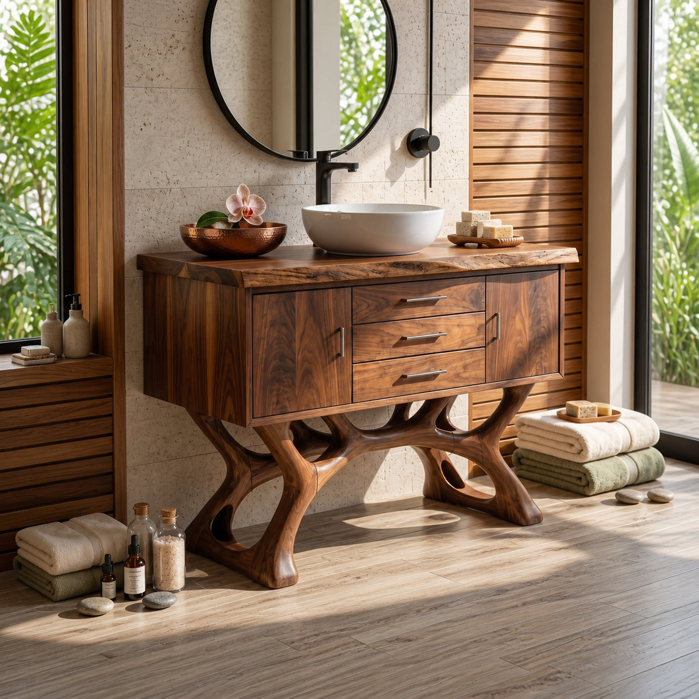 Tropical Wood Vanity Cabinet For Resort Bathroom