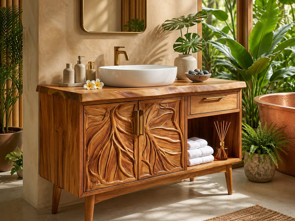 Frond Palisade Carved Bathroom Vanity with Open Cubbies