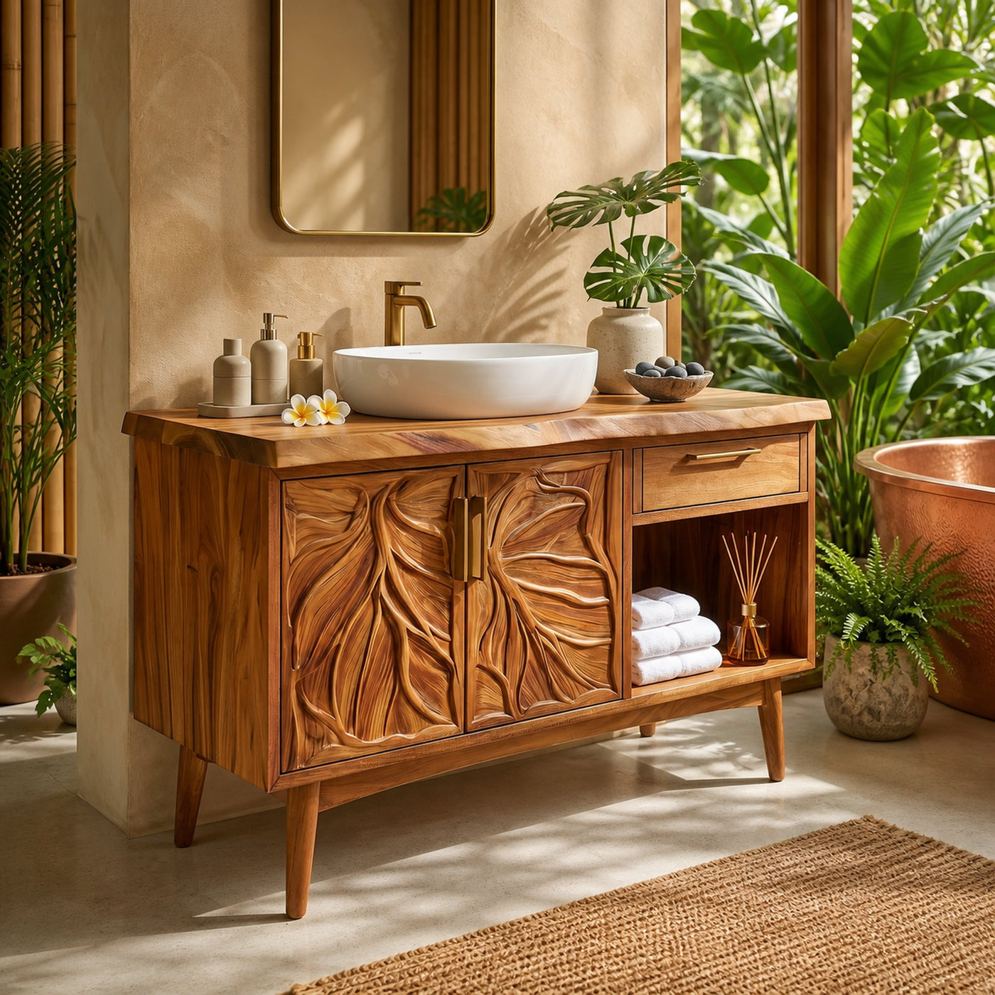 Tropical Wooden Vanity Cabinet With Carved Doors Spa Bathroom