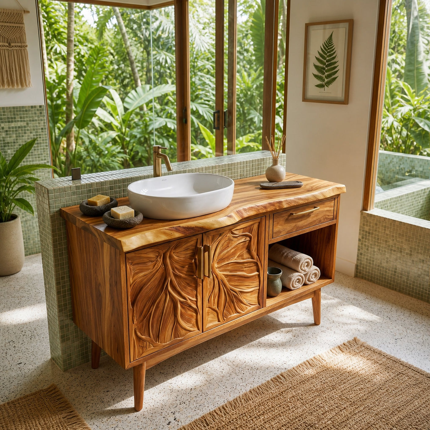 Tropical Wooden Vanity Cabinet With Carved Doors Spa Bathroom - product view 2