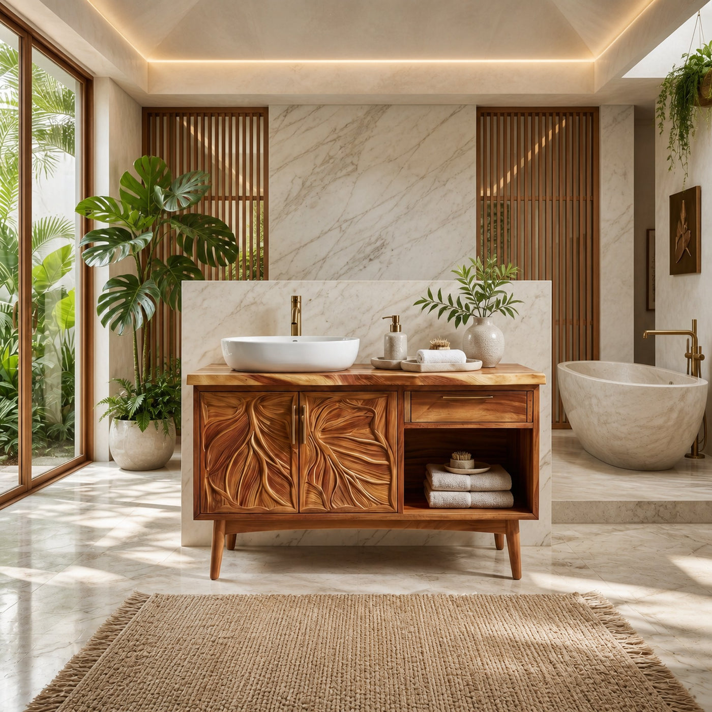 Tropical Wooden Vanity Cabinet With Carved Doors Spa Bathroom - product view 3
