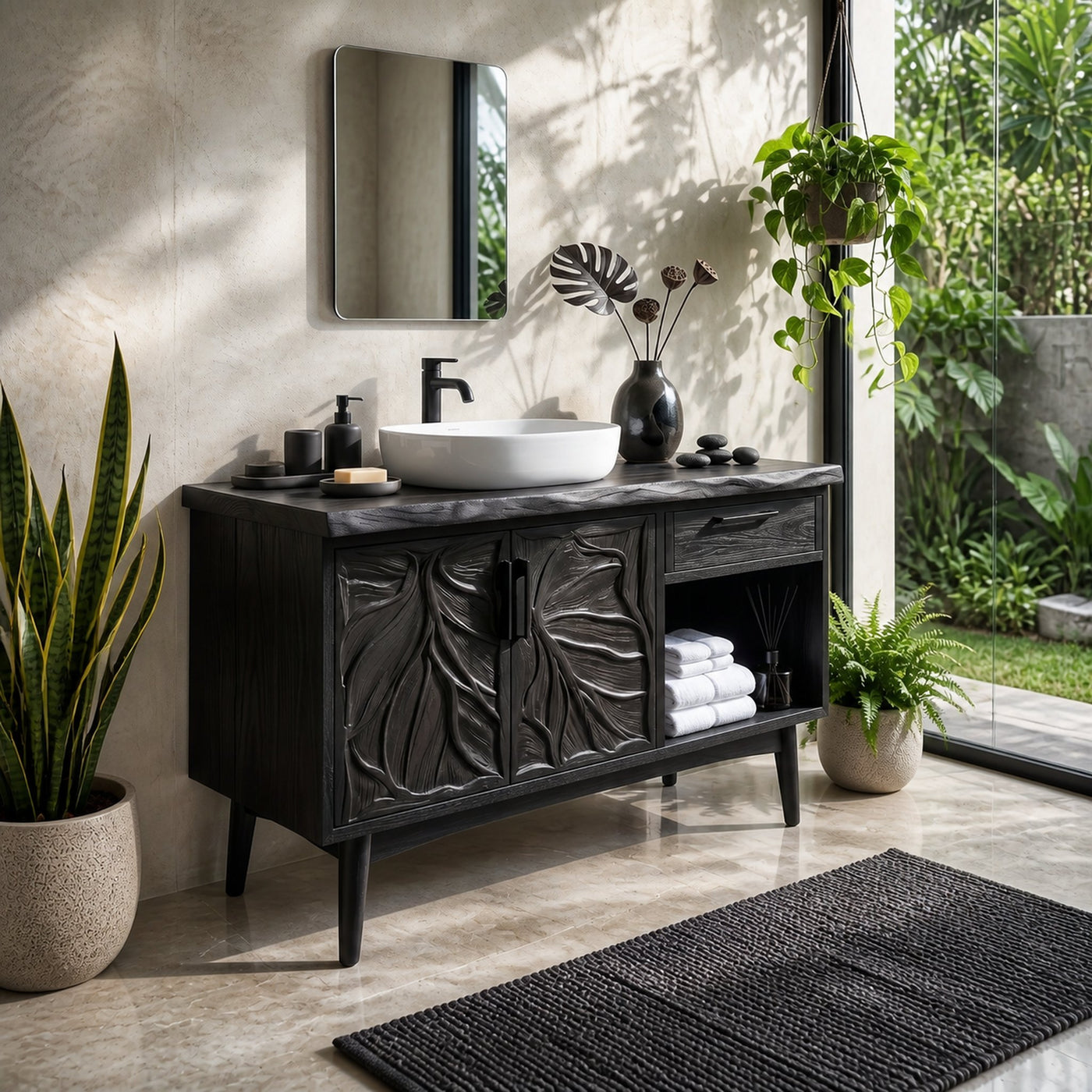 Tropical Wooden Vanity Cabinet With Carved Doors Spa Bathroom - product view 4