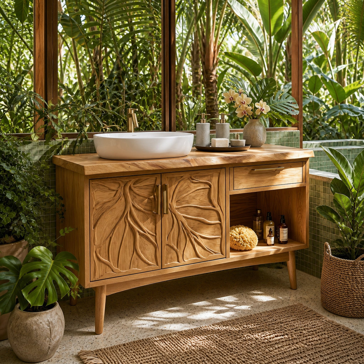 Tropical Wooden Vanity Cabinet With Carved Doors Spa Bathroom - product view 5