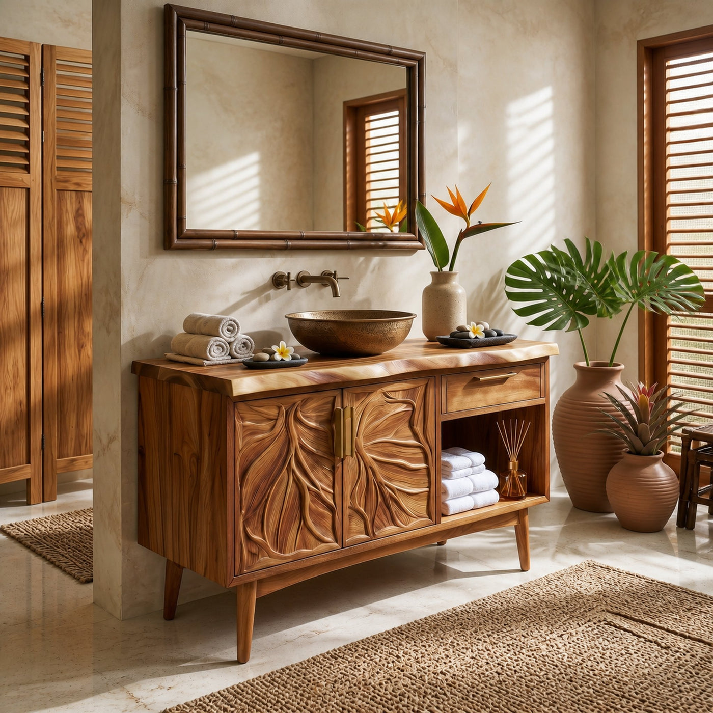 Tropical Wooden Vanity Cabinet With Carved Doors Spa Bathroom - product view 6