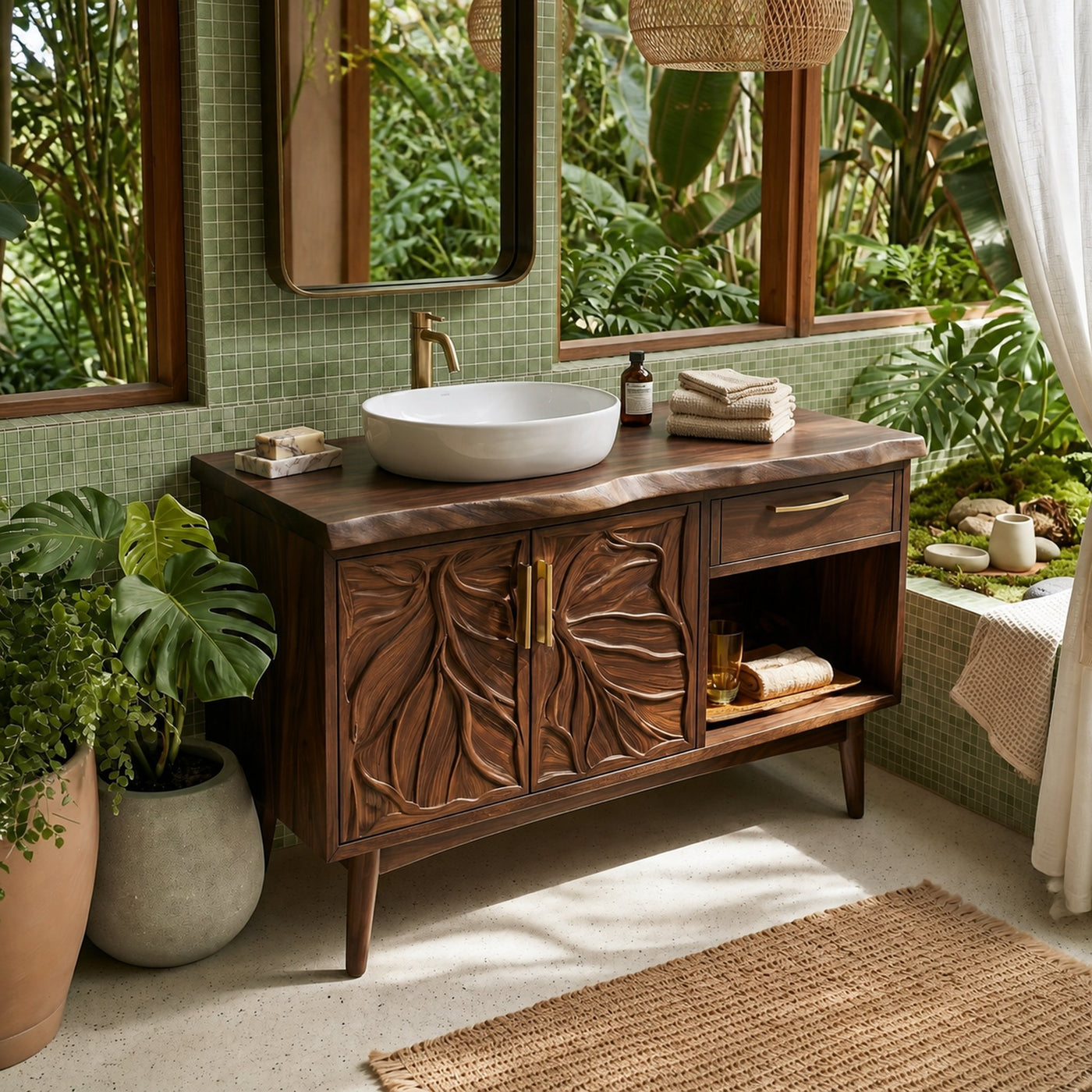 Tropical Wooden Vanity Cabinet With Carved Doors Spa Bathroom - product view 7