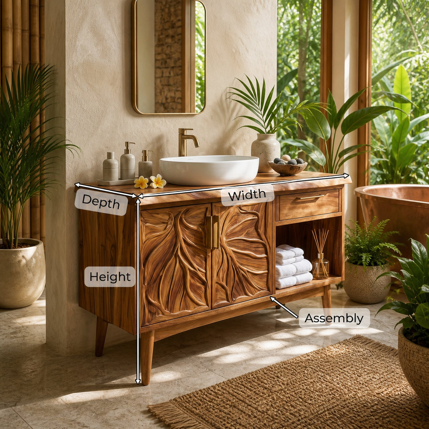 Tropical Wooden Vanity Cabinet With Carved Doors Spa Bathroom - product view 8