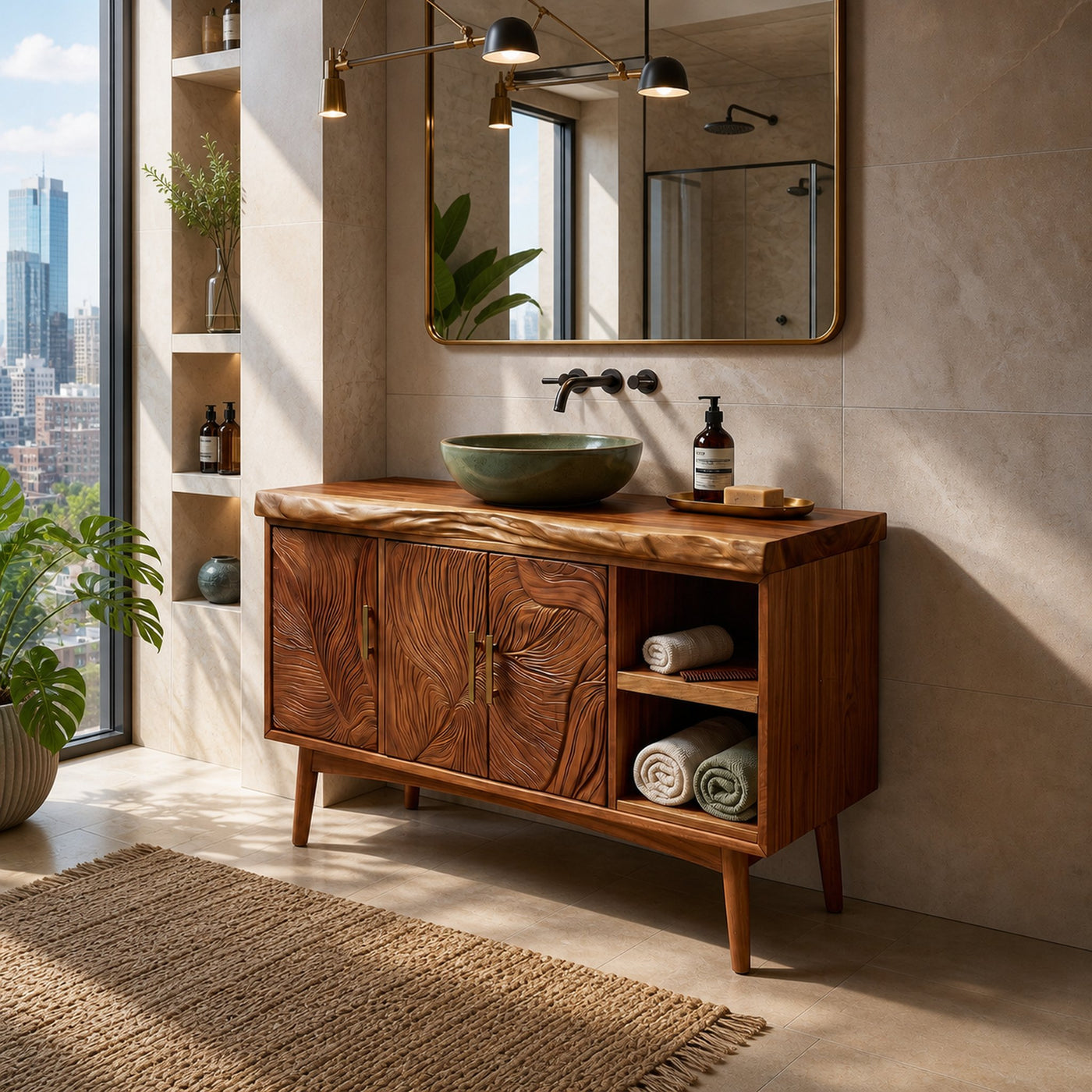 Urban Wooden Sink Vanity With Carved Doors Master Bathroom