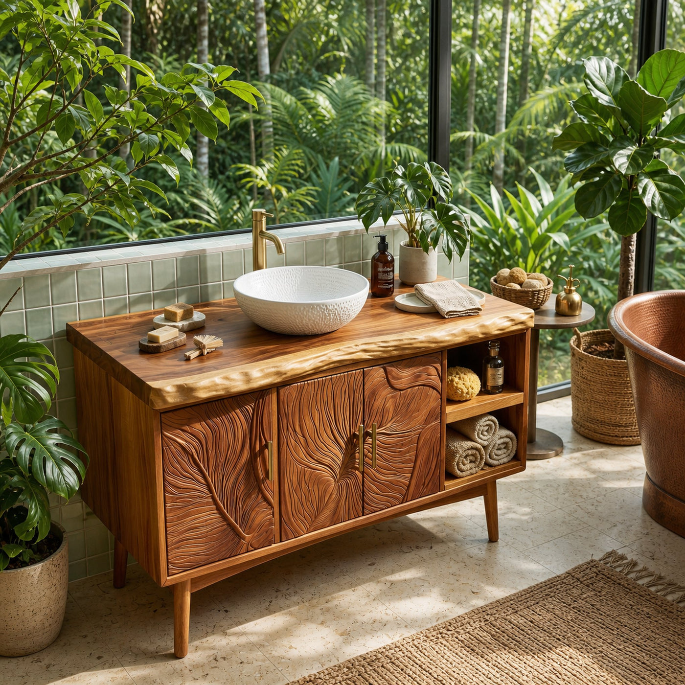 Urban Wooden Sink Vanity With Carved Doors Master Bathroom - product view 2