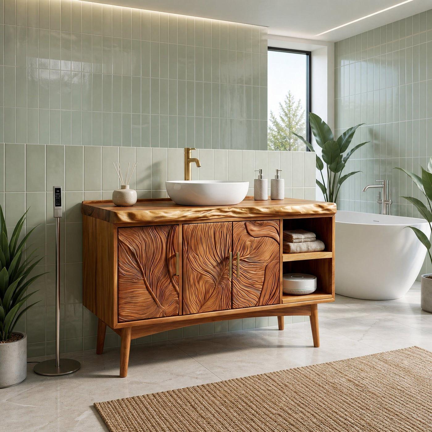 Urban Wooden Sink Vanity With Carved Doors Master Bathroom - product view 3