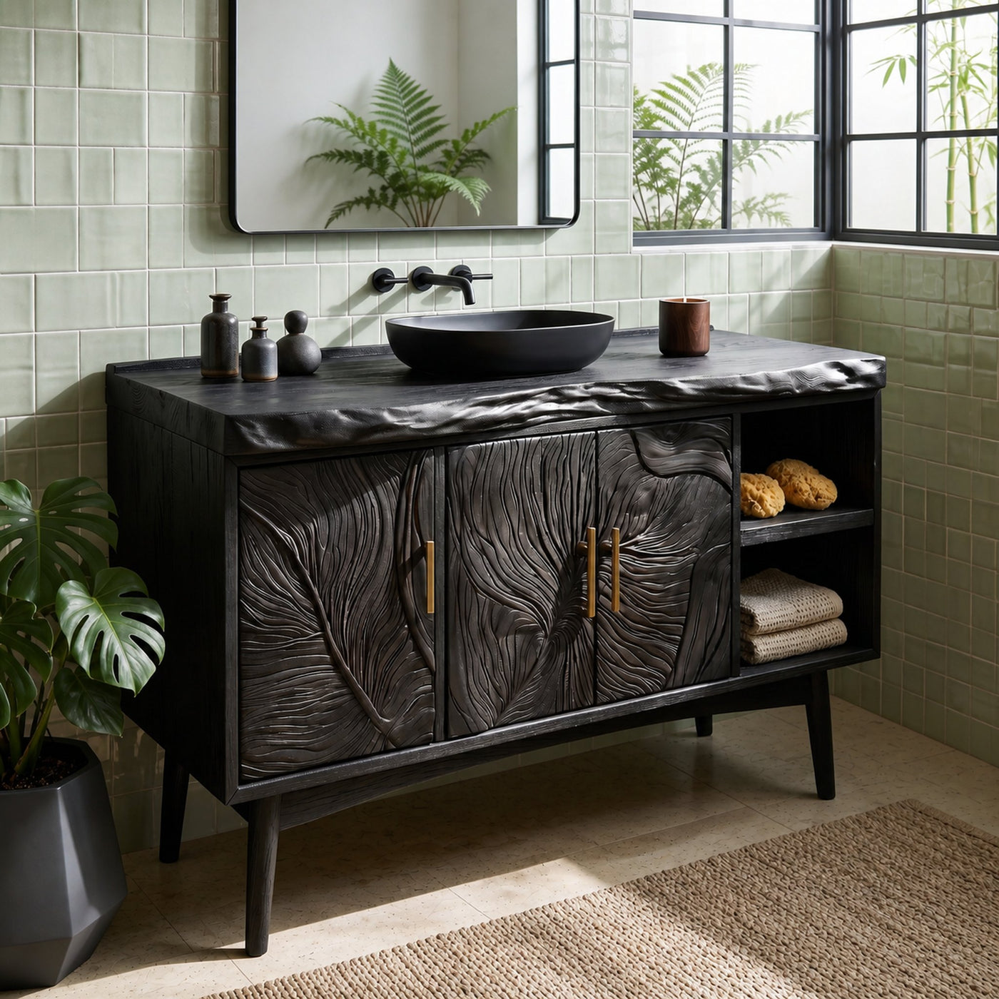 Urban Wooden Sink Vanity With Carved Doors Master Bathroom - product view 4