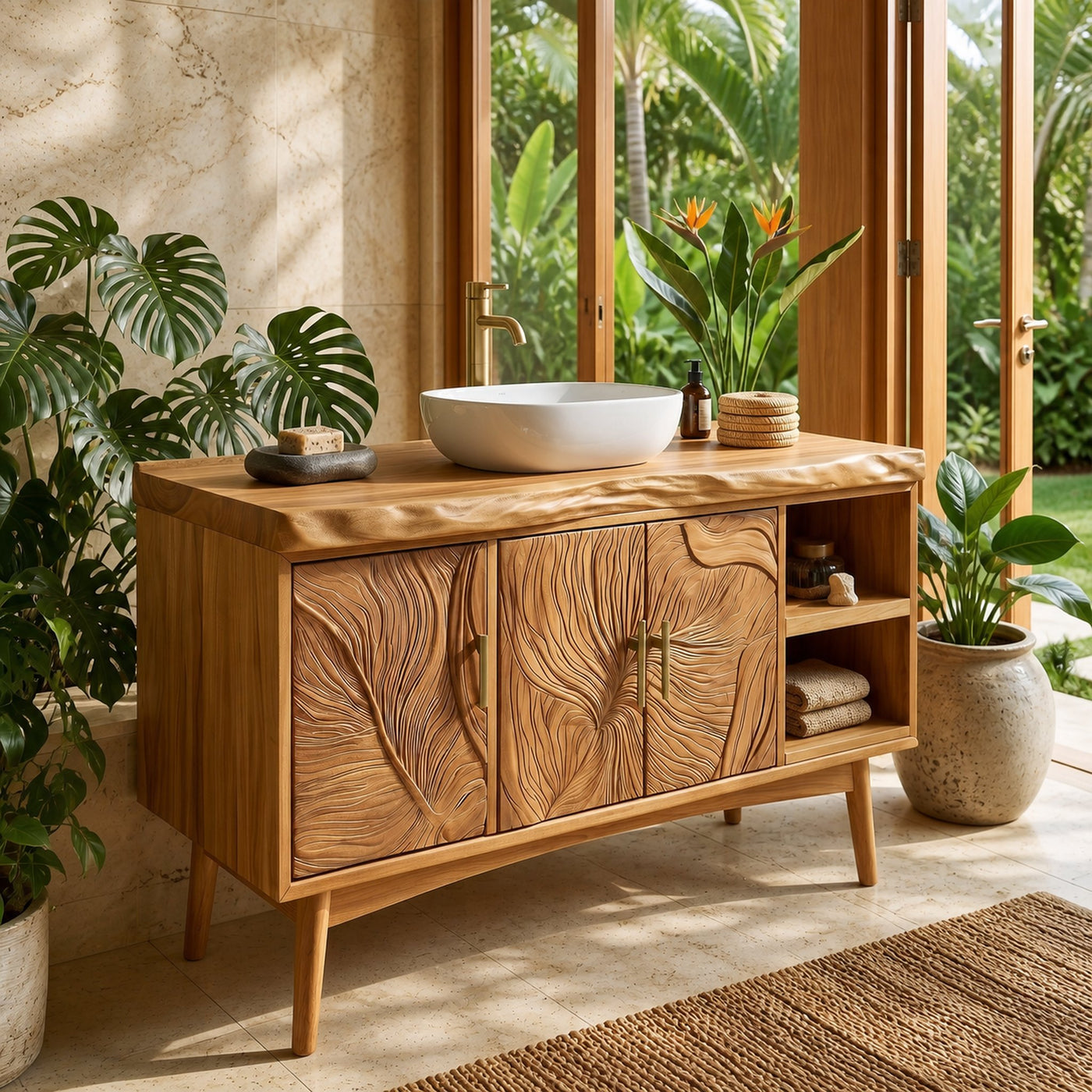 Urban Wooden Sink Vanity With Carved Doors Master Bathroom - product view 5