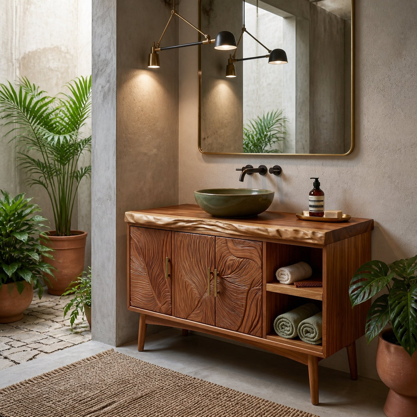 Urban Wooden Sink Vanity With Carved Doors Master Bathroom - product view 6