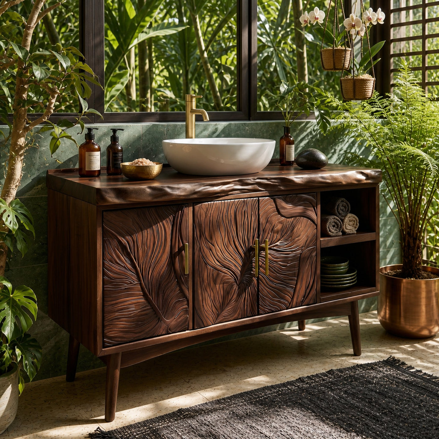 Urban Wooden Sink Vanity With Carved Doors Master Bathroom - product view 7