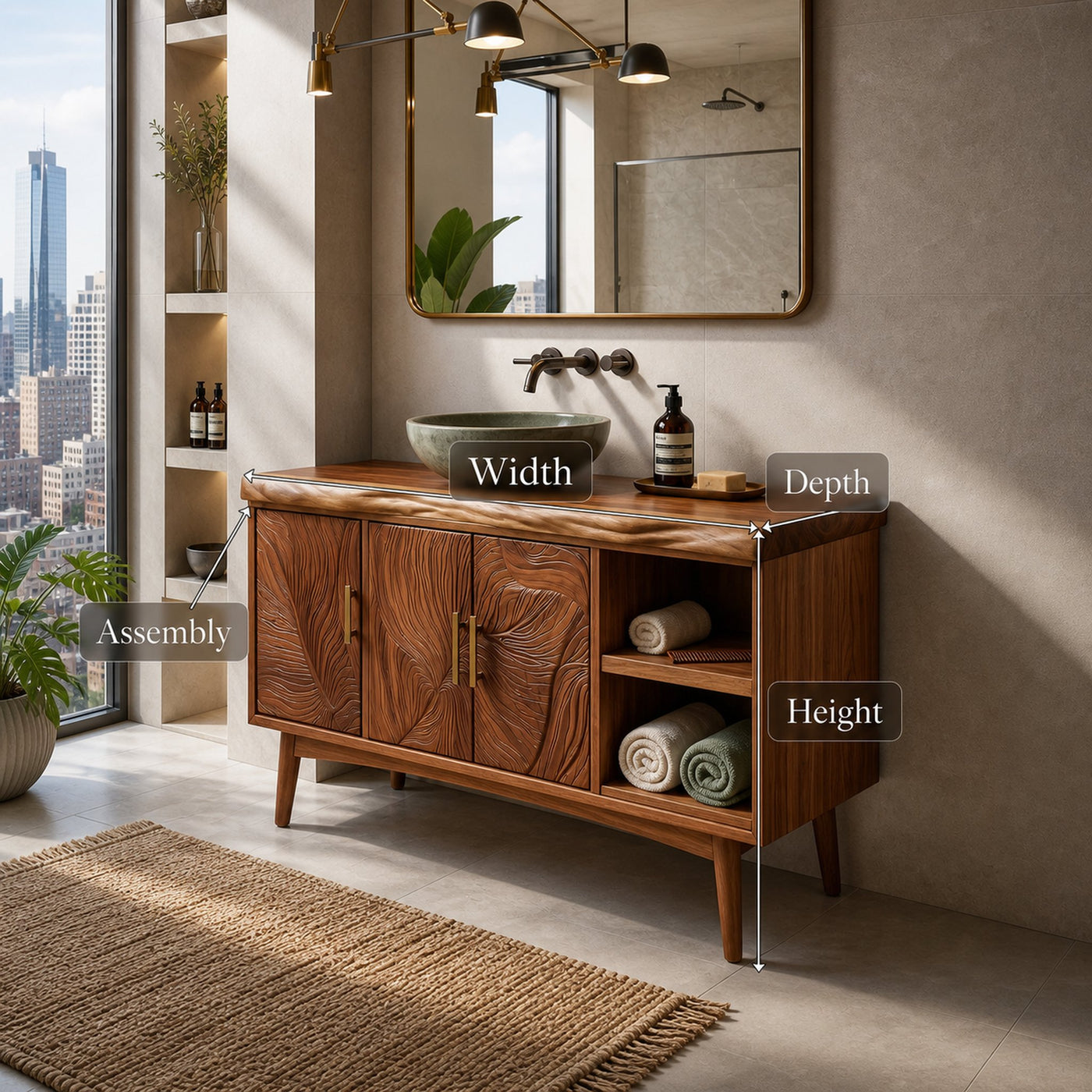 Urban Wooden Sink Vanity With Carved Doors Master Bathroom - product view 8