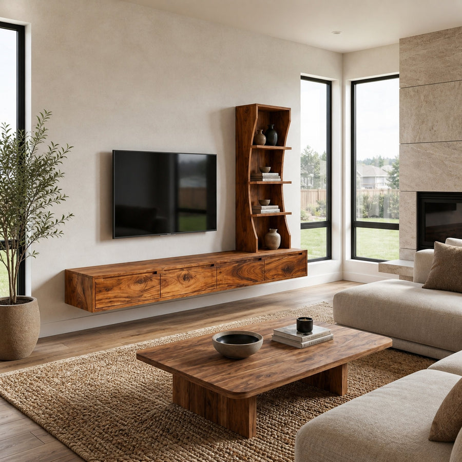 Wall Mounted Wood TV Console With Vertical Storage For Living