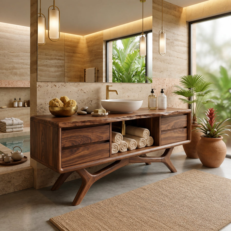 Warm Wood Vanity Cabinet With Storage Spa Bathroom